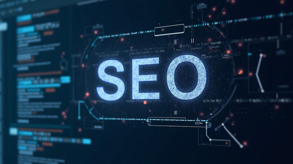 SEO text on a digital screen with code in background